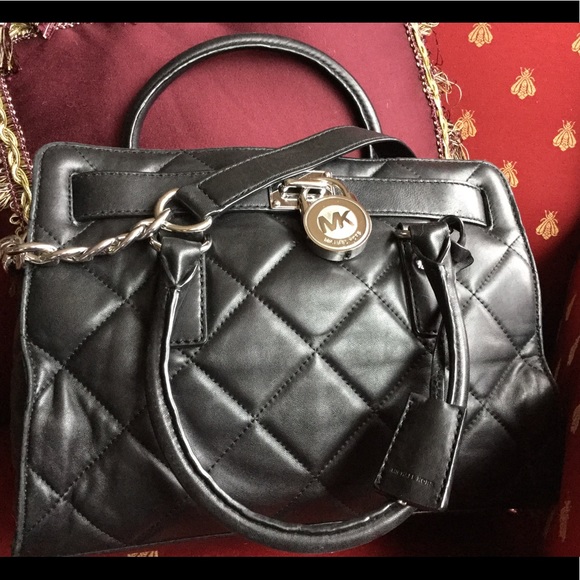 Michael Kors HAMILTON QUILTED LEATHER Satchel Handbag Shoulder Bag Black - Picture 6 of 16